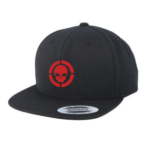 Black snapback cap with red print