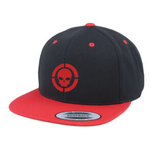 Red snapback cap with red print